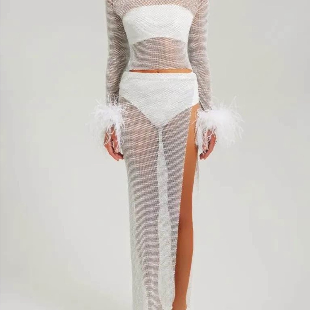 Chic White Mesh Dress with Feather Details